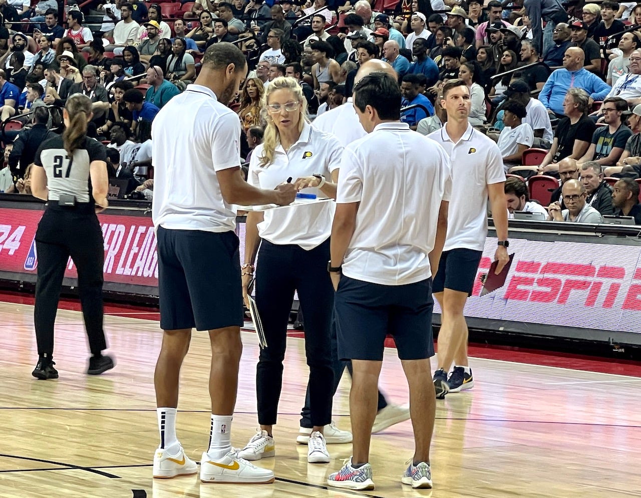 Pargo with assistants Jenny Boucek and Zach Chu during a timeout of Game 1.