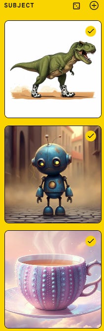 Whisk with three subjects: dinosaur, robot, and teacup