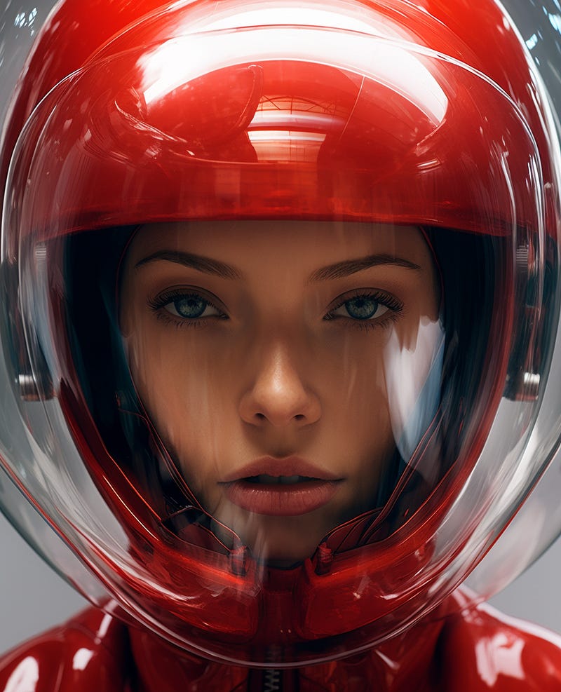 Woman in a red astronaut suit.