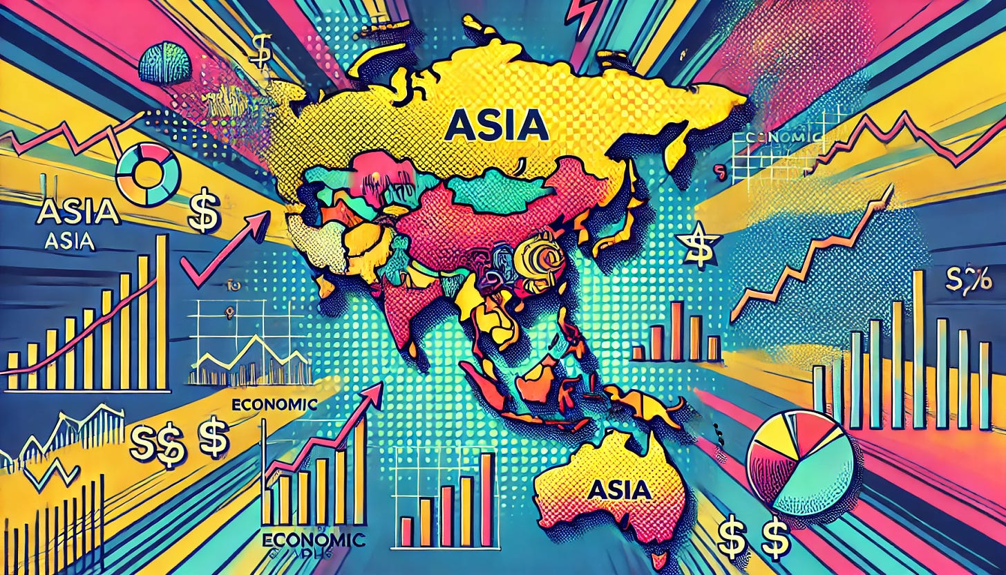 A vibrant pop-art style illustration of the Asian continent occupying most of the image. The continent is detailed and colorful, featuring economic graphs and financial symbols around it. The overall design should emphasize Asia in a dynamic and artistic way, with bright and bold colors, while keeping the financial aspect subtle but integrated into the composition. No other background elements, just the Asian continent with economic visuals.