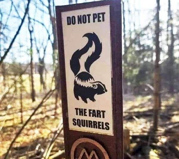 A sign in the woods with a black and white image of a skunk that reads: "Do not pet the fart squirrels"