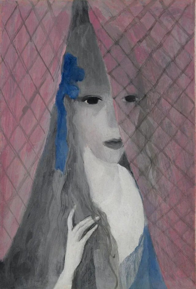 Painting of a pale women with dark eyes, wearing a blue bow in her hair, framed by pink cross-hatched curtains that partially obscure her face