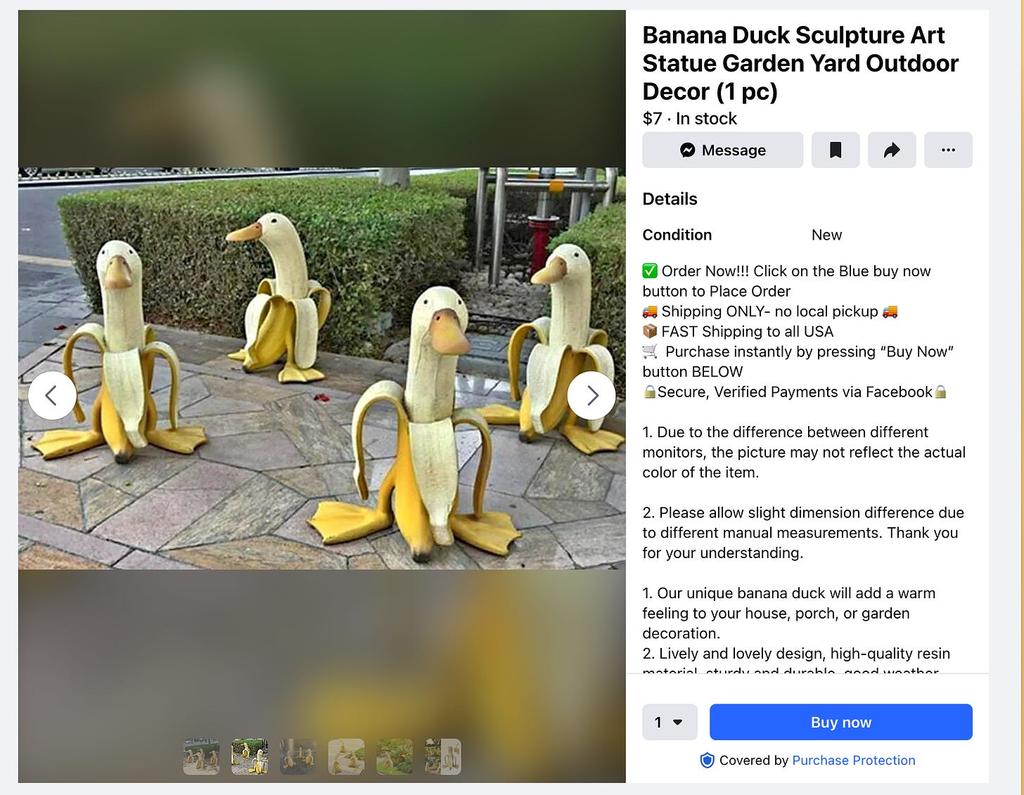 Facebook marketplace listing for banana duck sculpture art. a picture of four sculptures of bananas where there is a duck face at the top of the banana