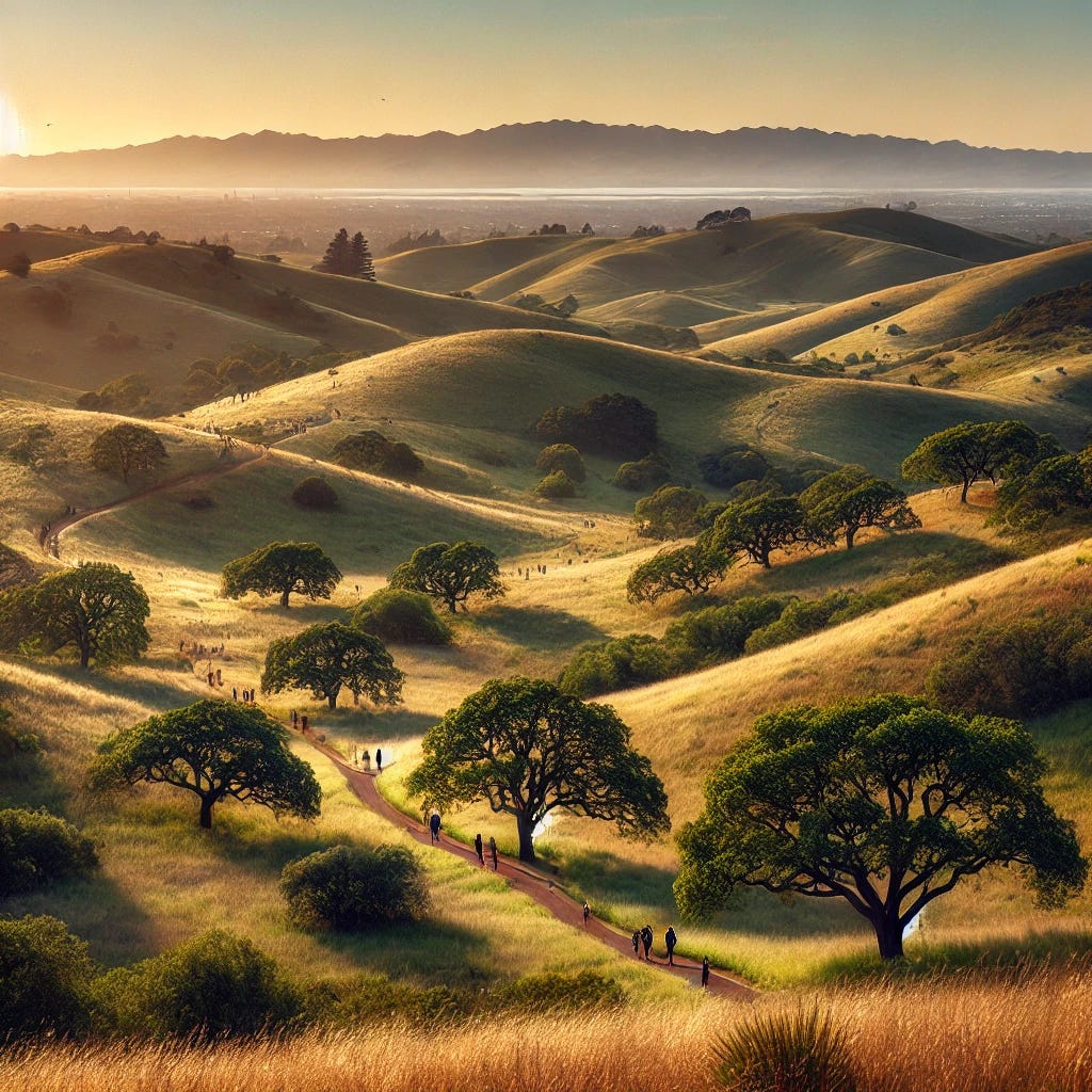 A scenic view of the East Bay Regional Parks District, showing rolling hills with green and golden grass, tall oak trees scattered across the landscape, and hiking trails winding through the terrain. In the background, distant hillsides are visible under a clear blue sky. A peaceful atmosphere with people hiking, some walking dogs, and occasional wildlife like deer or hawks can be seen. The sun casts warm light, giving the entire scene a calm, natural beauty.