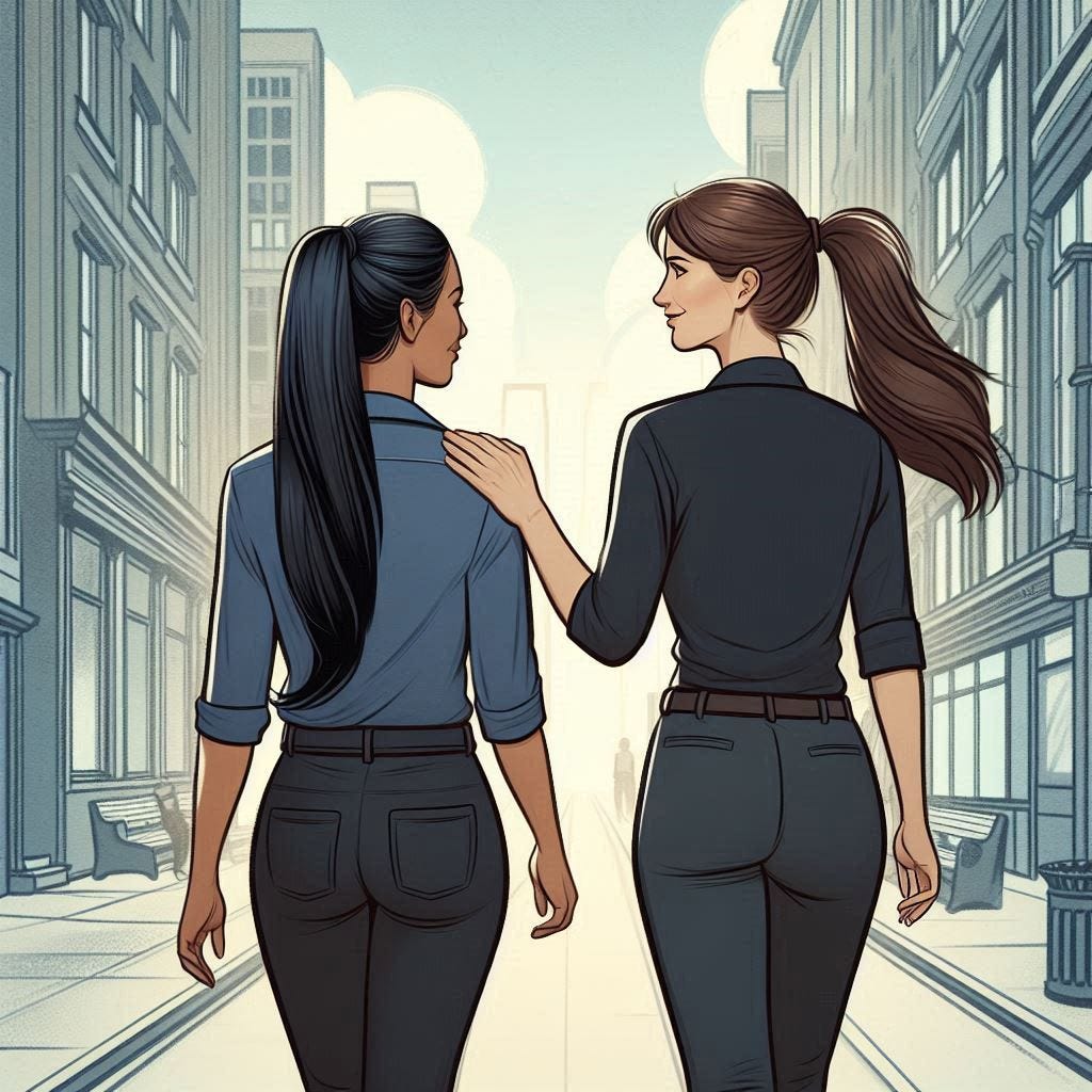 Two women, one with long black hair and tan skin and the other with brown hair, walk side by side down a city street, dressed in professional attire. One woman gently places a supportive hand on the other's shoulder, symbolizing friendship and guidance as they move forward together. Two women, one with long black hair and tan skin and the other with brown hair, walk side by side down a city street, dressed in professional attire. One woman gently places a supportive hand on the other's shoulder, symbolizing friendship and guidance as they move forward together.