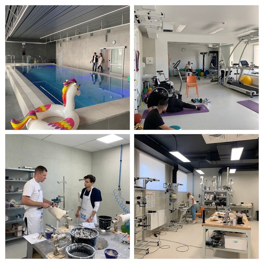 The Superhumans Center. Clockwise from top left: a rehabilitation swimming pool, an exercise rehab room, and workshops where parts of prosthetic legs are made.