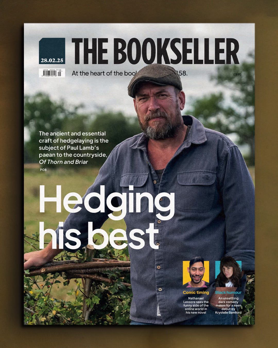 Screencap shows the front cover to The Bookseller, depicting a bearded man wearing a flat cap and a denim shirt.