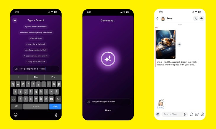 Three screenshots of Snapchat's AI image generator