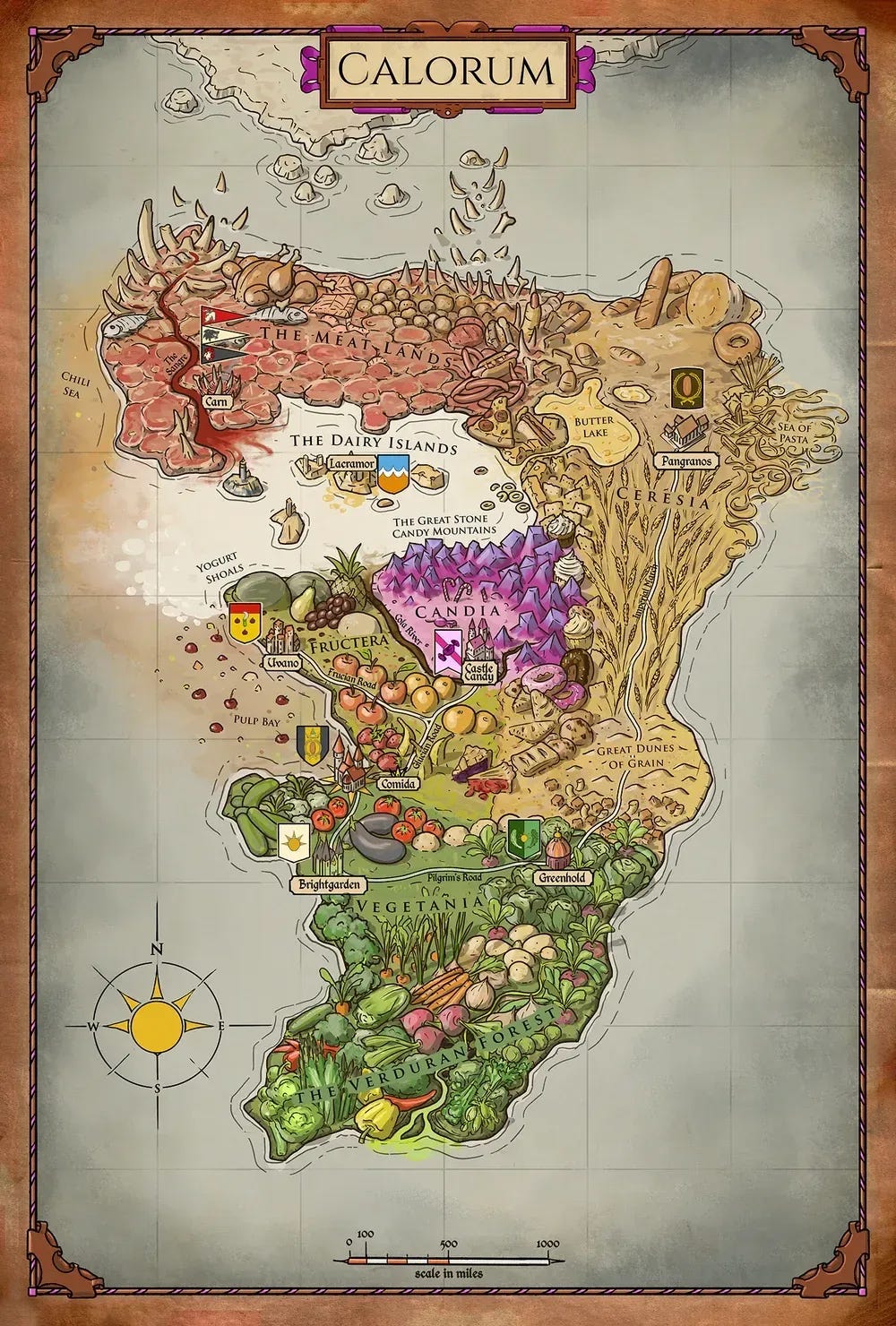 an illustration of the world map of Calorum - the setting for Dimension 20's A Crown of Candy.
