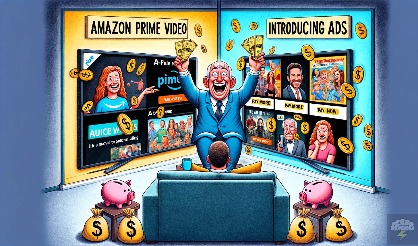 An illustration depicting a split scene related to Amazon Prime Video's introduction of ads. On one side, a joyful executive in a business suit is gleefully attaching price tags to TV screens showing popular movies and shows, symbolizing the additional fee for an ad-free viewing option. Each screen displays a small, intrusive ad. The executive is smiling broadly and surrounded by bags of money, representing Amazon's focus on revenue. On the other side, there are frustrated viewers sitting on a couch, watching these shows but appearing annoyed by the ads. They are surrounded by empty wallets and piggy banks, illustrating the dilemma faced by the viewers: to pay more for uninterrupted viewing or tolerate the ads. The illustration has a light-hearted tone but also subtly criticizes the corporate decision.