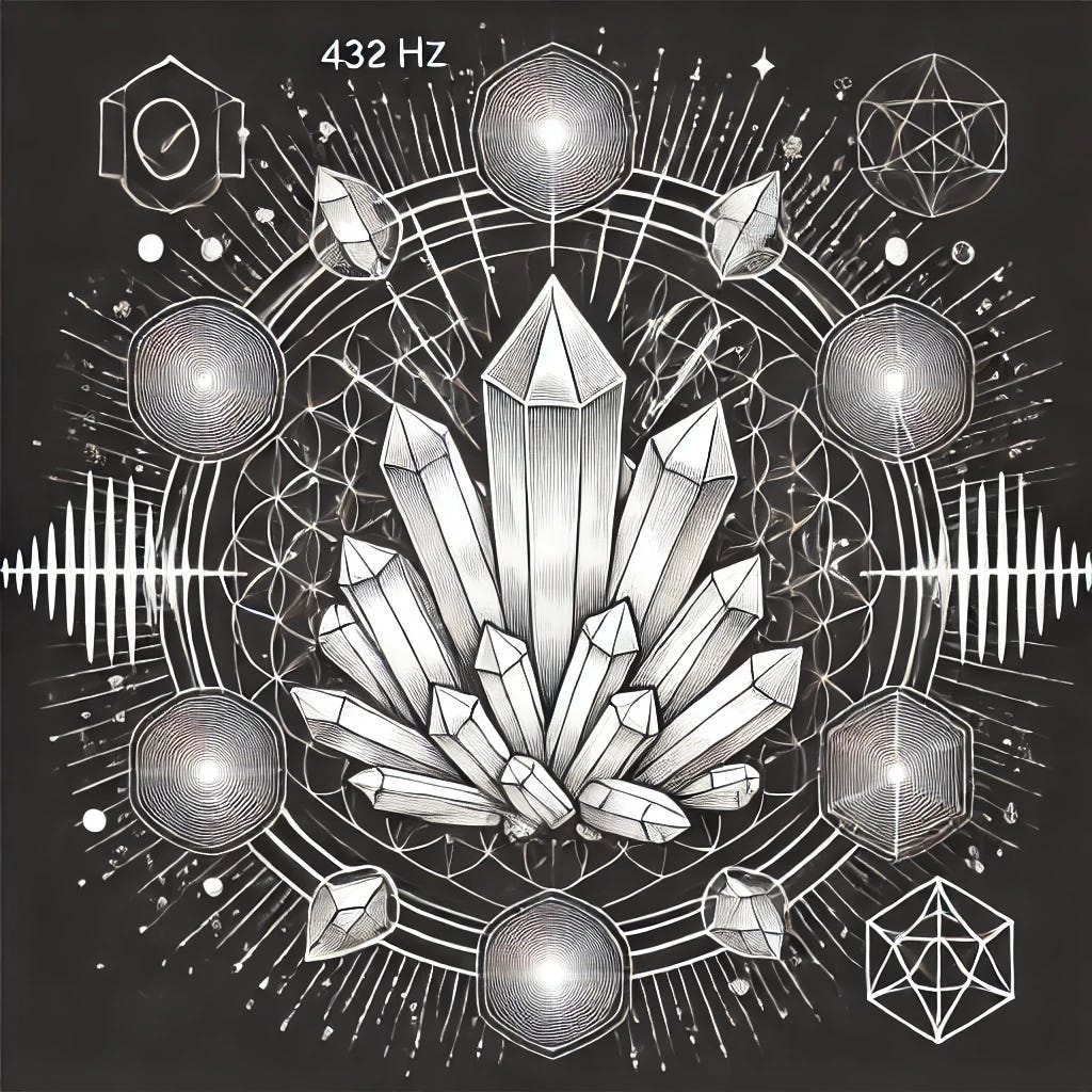 the white line illustration symbolising minerals and crystals vibrating at resonant frequencies like 432 Hz, with sacred geometry. The crystals and their healing energy are framed by geometric patterns, creating a sense of resonance and balance.