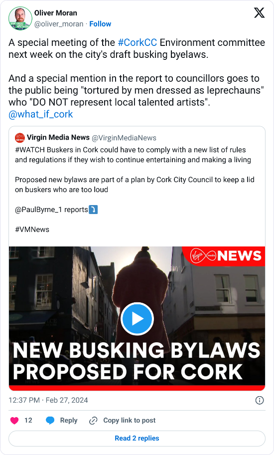 A tweet with the text, "A special meeting of the #CorkCC Environment committee next week on the city's draft busking byelaws. And a special mention in the report to councillors goes to the public being "tortured by men dressed as leprechauns" who "DO NOT represent local talented artists". @what_if_cork".