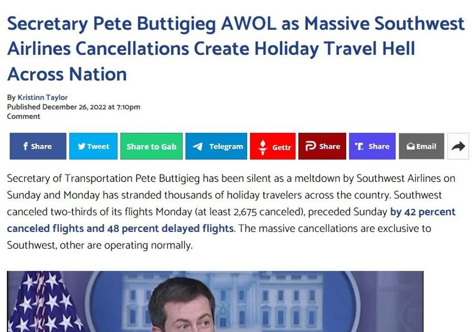 Gateway Pundit headline: "Secretary Pete Buttigieg AWOL as Massive Southwest Airlines Cancellations Create Holiday Travel Hell Across Nation"
