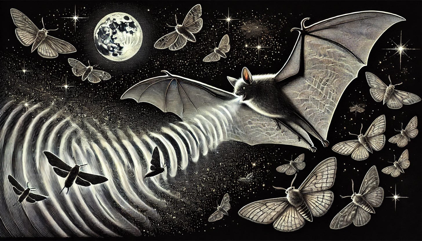 A detailed scene of a bat flying through the night sky using echolocation to hunt moths. The bat has its wings fully spread, with sound waves visually depicted emanating from its mouth, targeting a group of moths fluttering nearby. The dark sky is dotted with stars and a crescent moon, while the bat is sharply silhouetted against the night. The moths are small, delicate, and scattered, flying erratically. The scene conveys motion, as the bat swiftly moves through the air, with the sound waves creating a sense of dynamic interaction with the moths.