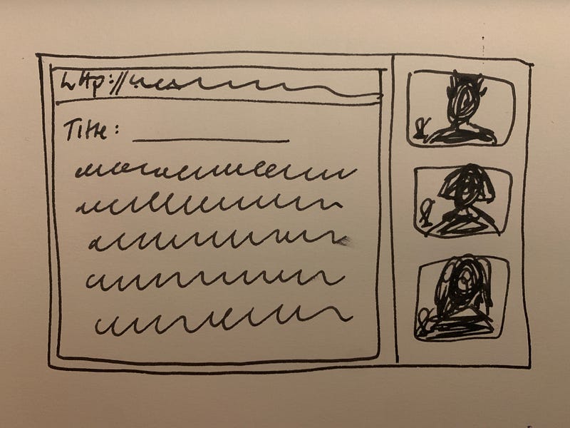 A sketch of a computer screen with a writing software programme on the left hand side (with squiggly lines to indicated text) and three silhouetted images of people on the right to indicate a Zoom screen A sketch of a computer screen with a writing software programme on the left hand side (with squiggly lines to indicated text) and three silhouetted images of people on the right to indicate a Zoom screen