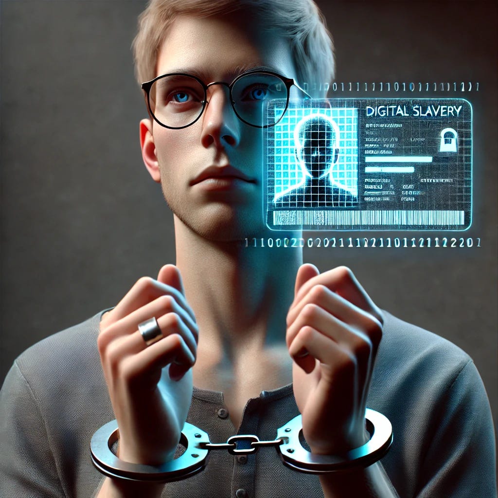 A symbolic representation of digital slavery, showing a realistic male figure with short blonde hair, glasses, and wearing a simple shirt. The man's wrists are shackled to a glowing digital ID card, which features a subtle holographic interface and binary code, symbolizing control through technology. The figure is looking straight ahead with a neutral, reflective expression. The background is dark and minimal, creating a somber and focused atmosphere. The overall color palette is muted, with subdued grays and blues, to maintain a serious and understated tone.