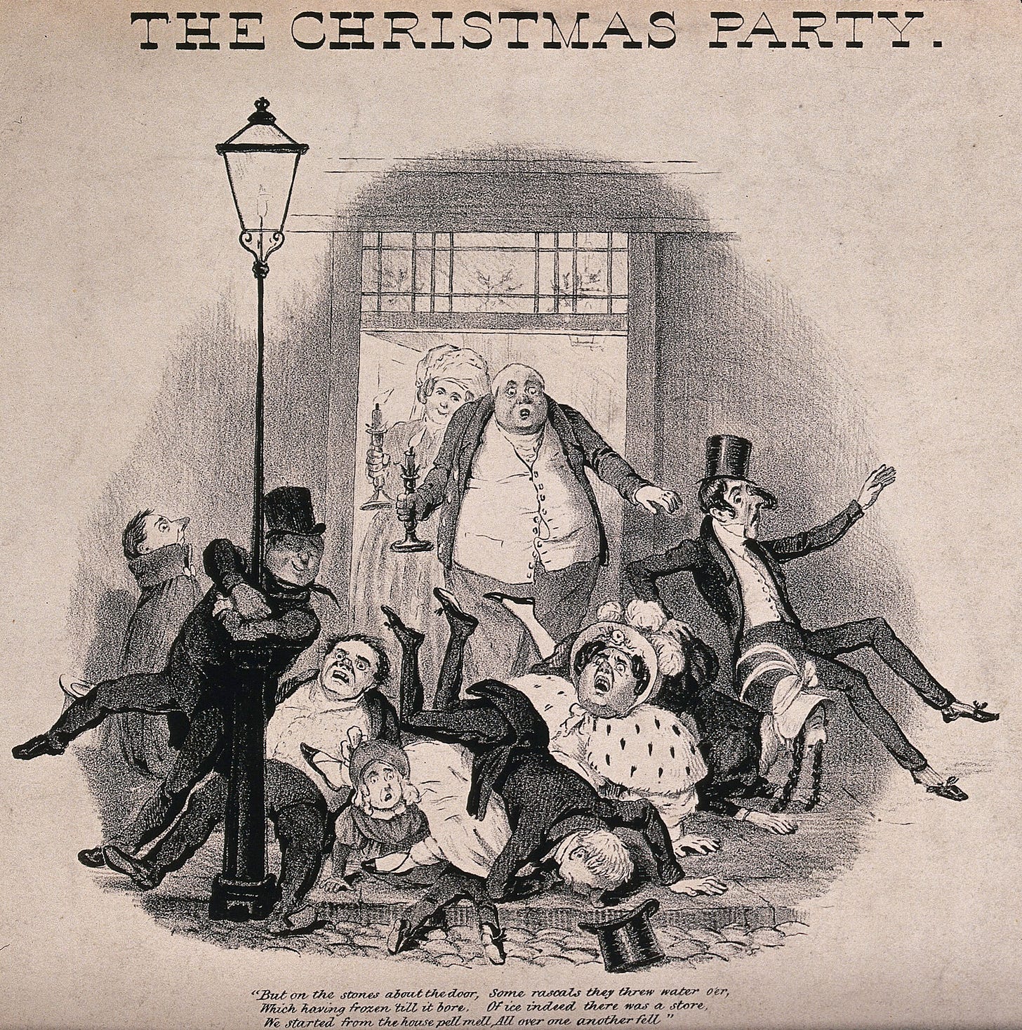 A 19th-century cartoon of a variety of people leaving a house and falling over on the icy pavement.