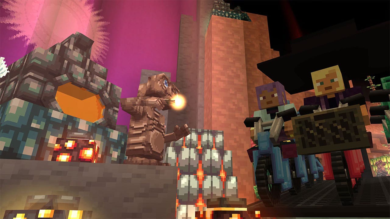 Minecraft players riding the E.T. Adventure ride in Minecraft's Universal Studios Experience DLC