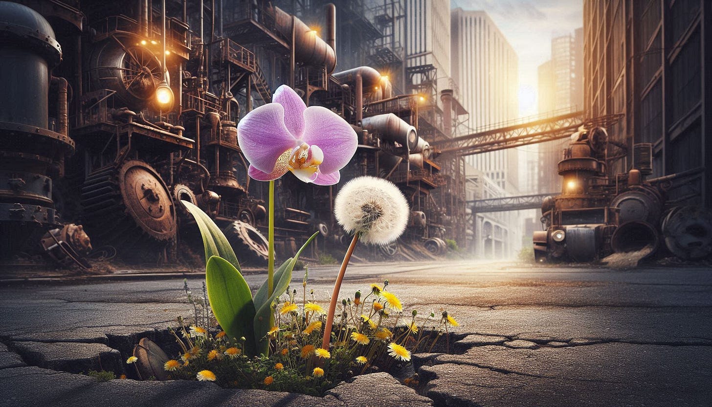 Image is of a dandelion and orchid growing out of a cracked street in an industrialized area. 