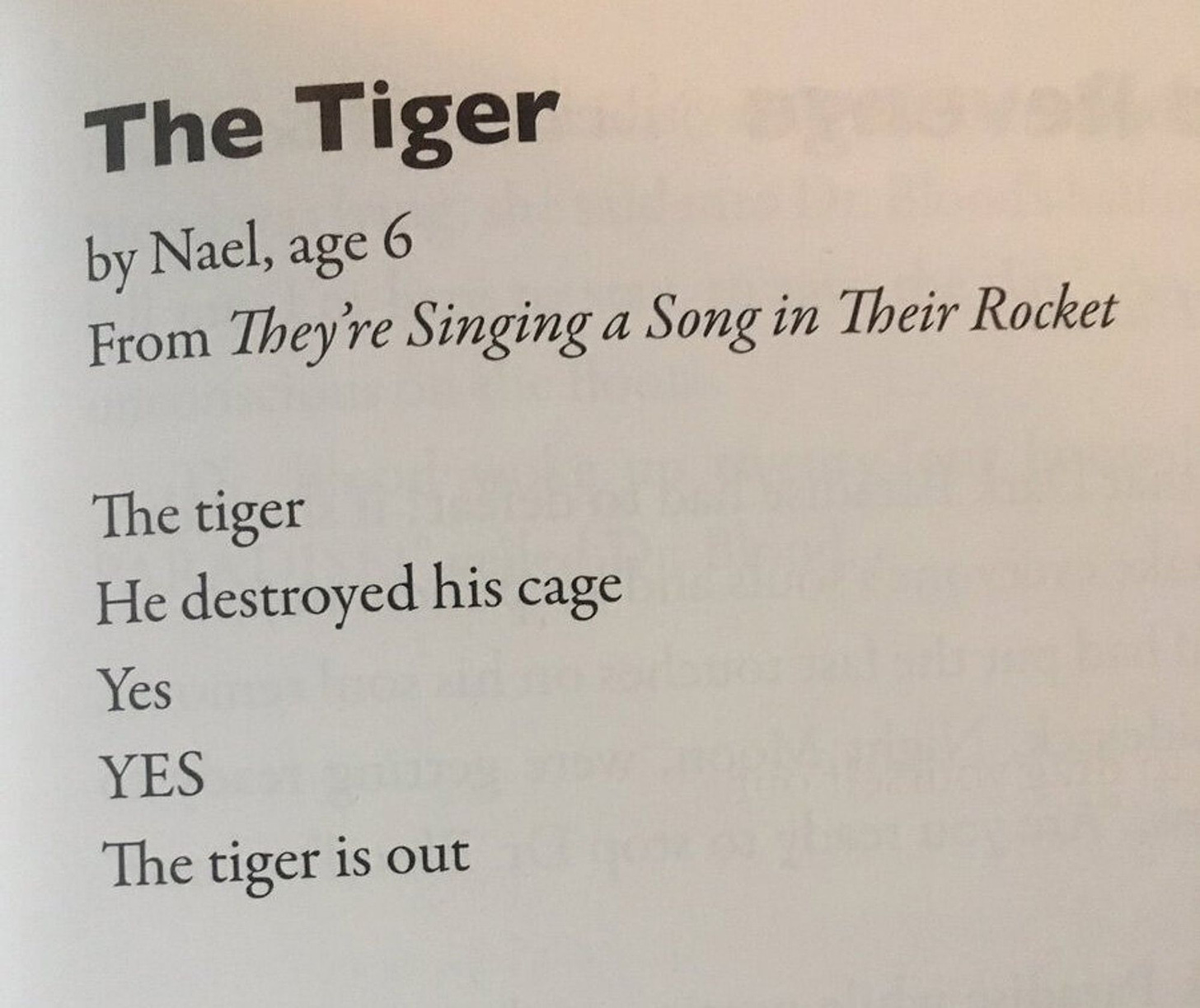 The Tiger A poem by Nael, age 6:   "The tiger He destroyed his cage Yes YES The tiger is out"     Originally published in “They’re Singing a Song in Their Rocket” and “You Will Be Able to Say a Thousand Words”