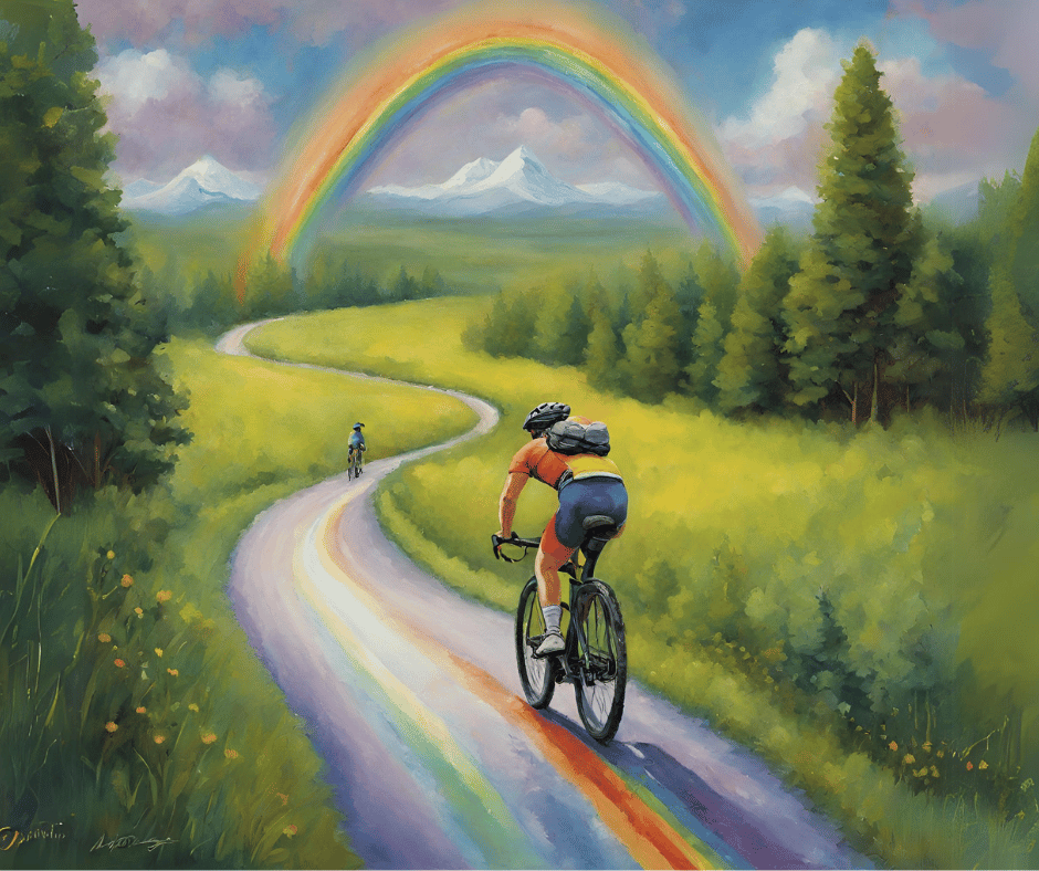 cyclist riding towards rainbow