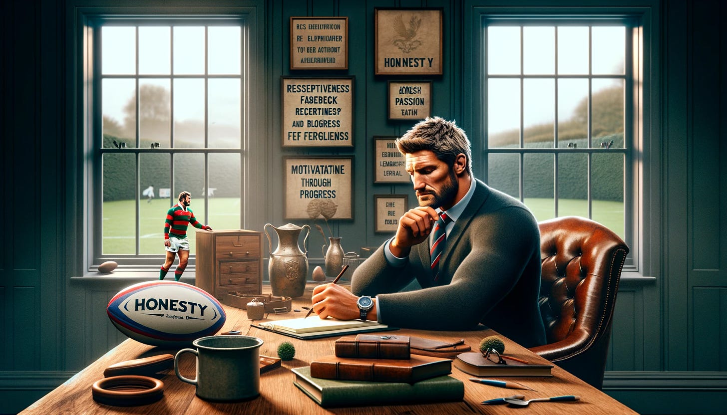 A contemplative scene featuring a retired rugby player, resembling Ben Alexander, sitting thoughtfully at a desk. The desk is surrounded by rugby memorabilia, capturing the essence of his past career. He is looking introspectively at a blank page in a notebook, symbolizing a moment of self-reflection. Outside the window beside him, there's a serene outdoor scene, representing introspection and self-discovery. The room exudes a calm and reflective atmosphere, emphasizing themes like honesty, passion, authenticity, leadership evolution, receptiveness to feedback, motivation through progress, and resilience. The mood is a blend of introspection, realization, and newfound self-appreciation.