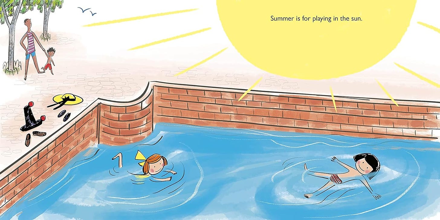 Drawing of Madeleine and Pepito swimming in a pool. Text on the sun above says "Summer is for playing in the sun." 