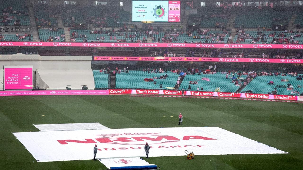 Ground staff stand near covers placed over the pitch during a rain delay at the SCG.