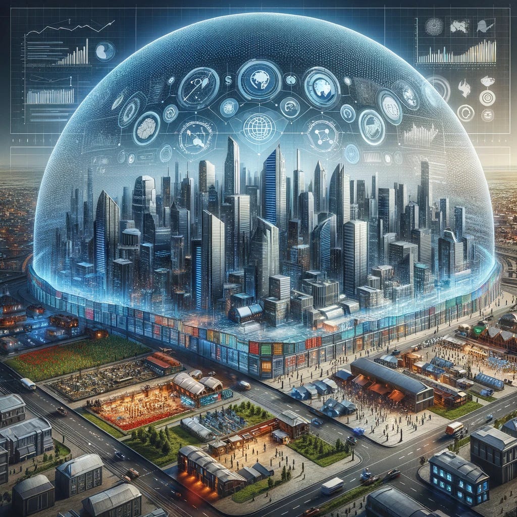 An image of a futuristic city, representing a fortified economy against potential economic shocks. The city skyline is filled with modern, resilient buildings made of advanced materials. A protective dome covers the city, symbolizing economic defense mechanisms. Inside the dome, diverse industries such as technology, finance, and manufacturing are thriving, depicted by various buildings and infrastructure. People are actively engaged in trade and business, reflecting a strong local economy. In the sky, digital screens display positive economic indicators, and the overall atmosphere is one of prosperity and stability.