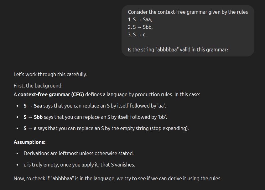 ChatGPT-4o, checking the validity of strings in a context-free grammar. ChatGPT-4o, checking the validity of strings in a context-free grammar.