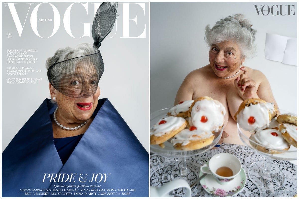 A Vogue magazine cover and page showing an older white woman. On the cover, shown on the left, the woman is wearing a stylish fascinator and a blue silk shawl, with a mischevious smile on her face. The photo on the right has the same woman sitting naked at a traditional British tea table with iced buns positioned in front of her breasts.