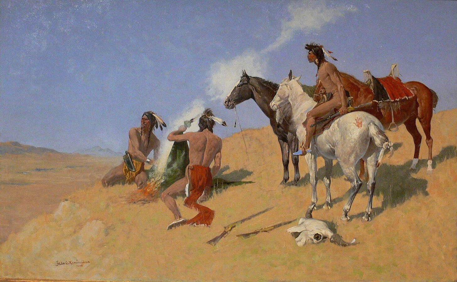 Painting by Frederic Remington showing native americans generating a smoke signal; Amon Carter Museum, Fort Worth