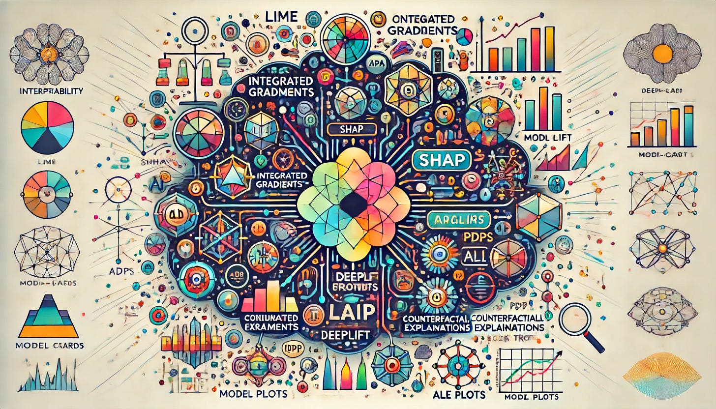 An abstract illustration showcasing the concepts of interpretability and explainability in AI The image should depict a complex neural network model at the center surrounded by various elements representing different interpretability techniques Include icons or symbols for LIME SHAP Integrated Gradients GradCAM DeepLIFT Anchors Model Cards Counterfactual Explanations PDPs ICE Plots ALE Plots and Surrogate Decision Trees Use vibrant colors to differentiate the techniques and include connecting lines or arrows to show how they interact with the central model Incorporate elements like magnifying glasses graphs and visualizations to symbolize analysis and clarity