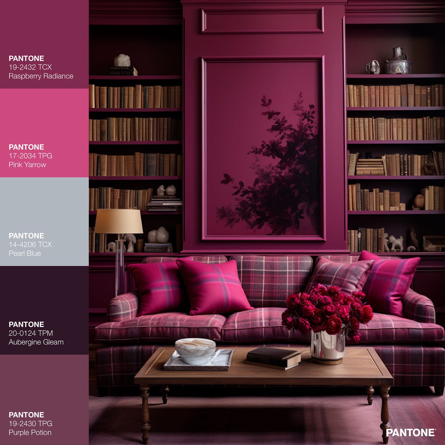 Deep pink living room library nook