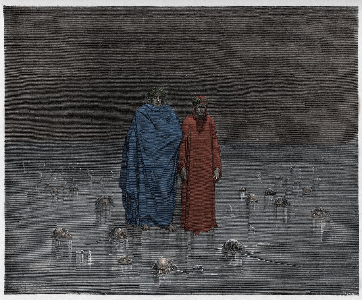 Inferno, Canto 32: The traitors frozen in the ice of Cocytus (illustration from The Divine Comedy) by Gustave after Dore