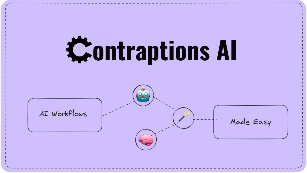 Contraptions AI logo with a workflow schematic drawn below it.