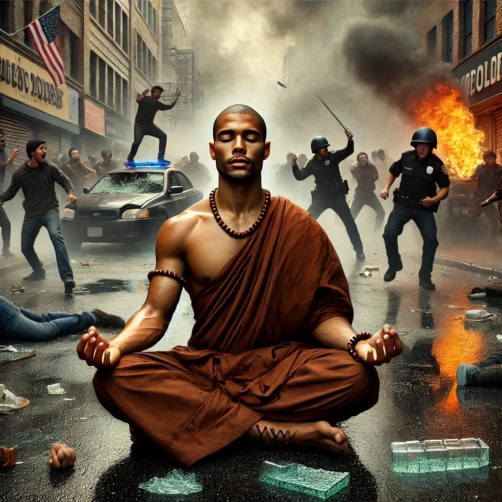 A young, handsome mulatto Zen monk with a slightly bigger build sits in deep meditation amidst intense urban chaos. His eyes are closed, exuding complete inner peace. Right in front of him, people are running in panic, their faces filled with fear. A police officer with a megaphone shouts commands, while another struggles to restrain a protester. A burning car is just a few feet away, its flames reflecting in shattered glass scattered on the pavement. Smoke billows thickly, partially obscuring vandalized storefronts covered in graffiti. Despite the immediate danger, the monk remains perfectly still, his strong presence radiating an unshakable calm. The contrast between his serenity and the up-close, overwhelming chaos surrounding him creates a striking image of mindfulness and resilience.