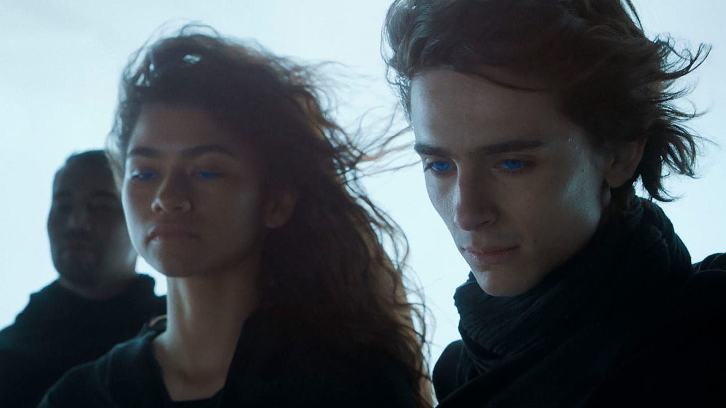 A still from Dune prominently featuring Zendaya and Timothée Chalamet.