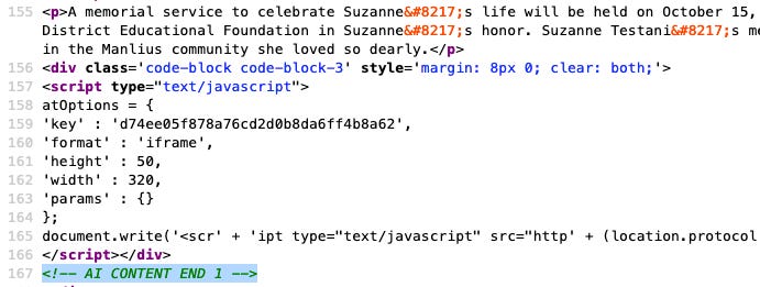 A screenshot of the HTML source code for the LastInMemorial page for my mom, with the HTML comment AI CONTENT END 1 highlighted.