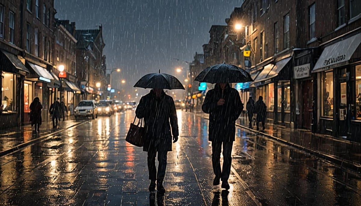 Nightime street scene with rain and sleet on passers-by