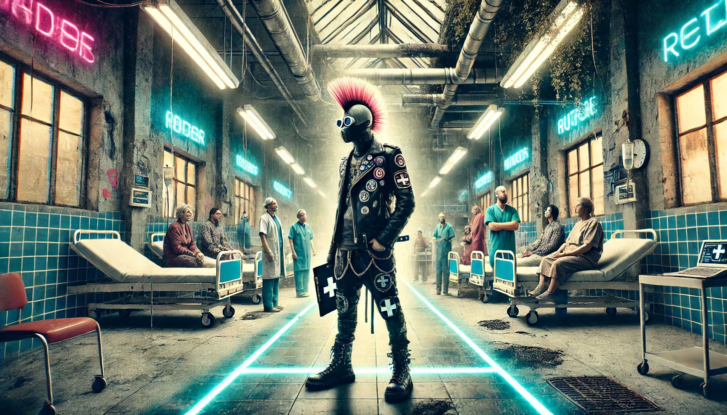 An abstract image depicting a patient advocate in a hospital ward, styled with a gritty, rebellious, and industrial aesthetic. The advocate stands confidently, wearing a punk-inspired outfit with a leather jacket, bold patches, and a clipboard symbolizing their role. They are surrounded by patients and medical staff in an industrial hospital ward with exposed pipes, cracked walls, and graffiti-like details. The advocate's presence radiates determination and support, symbolizing a defiance of traditional norms and a focus on empowering patients. Neon lighting adds an edgy contrast to the rugged environment, emphasizing the bold and rebellious theme.