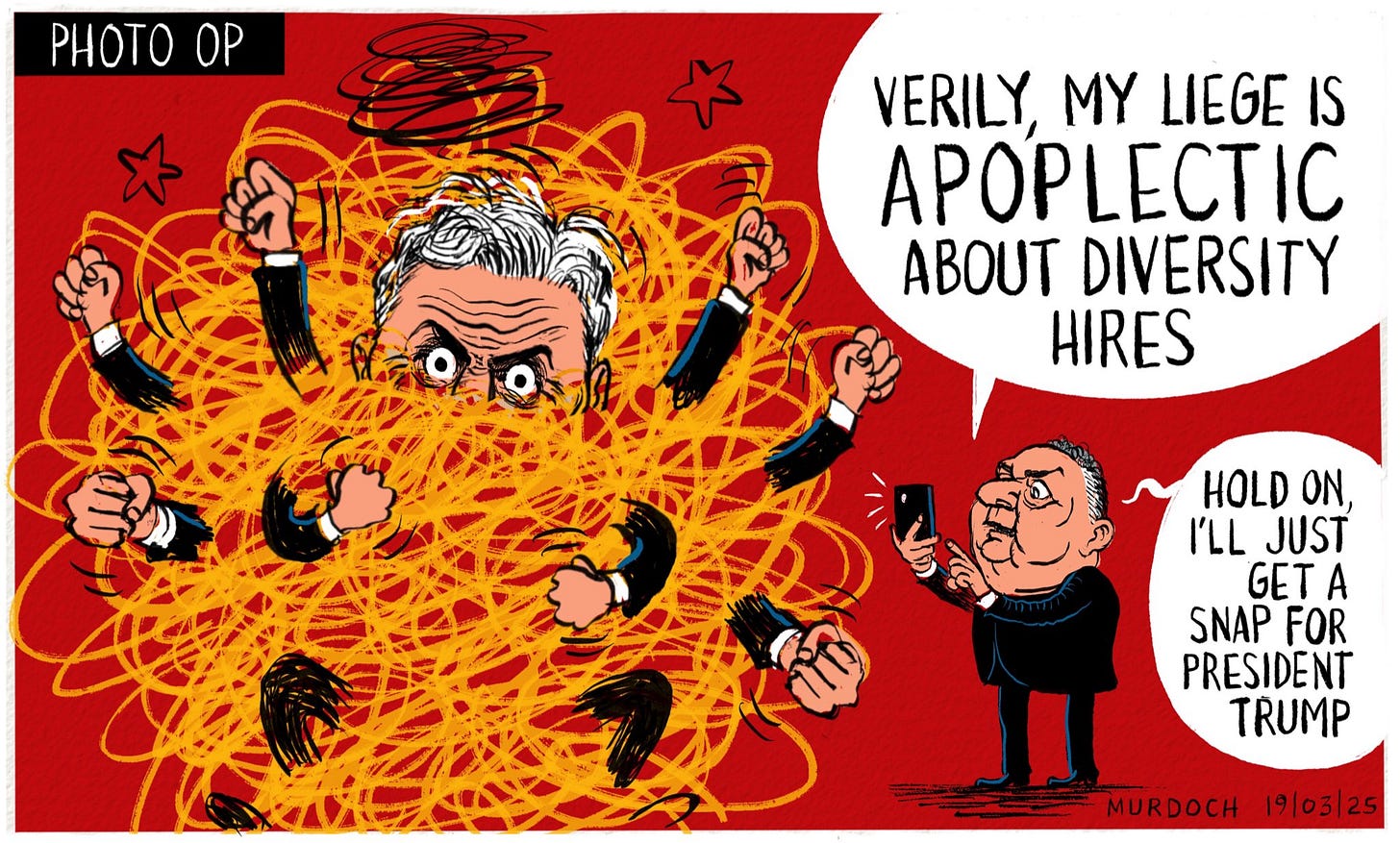 Cartoon. Title: Photo Op. Picture shows Winston Peters having a conniption and Shane Jones standing off to the right holding his phone up, and saying “Verily, my Liege is APOPLECTIC about diversity hires” then in an aside saying, “Hold on, I’ll just get a snap for President Trump”