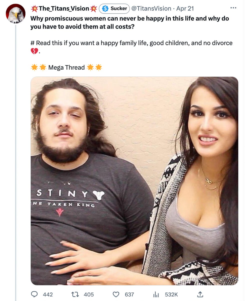 Why promiscuous women can never be happy in this life and why do you have to avoid them at all costs?  Read this if you want a happy family life, good children, and no divorce Image: a beautiful woman sitting next to a slouching man with a neckbeard and long hair