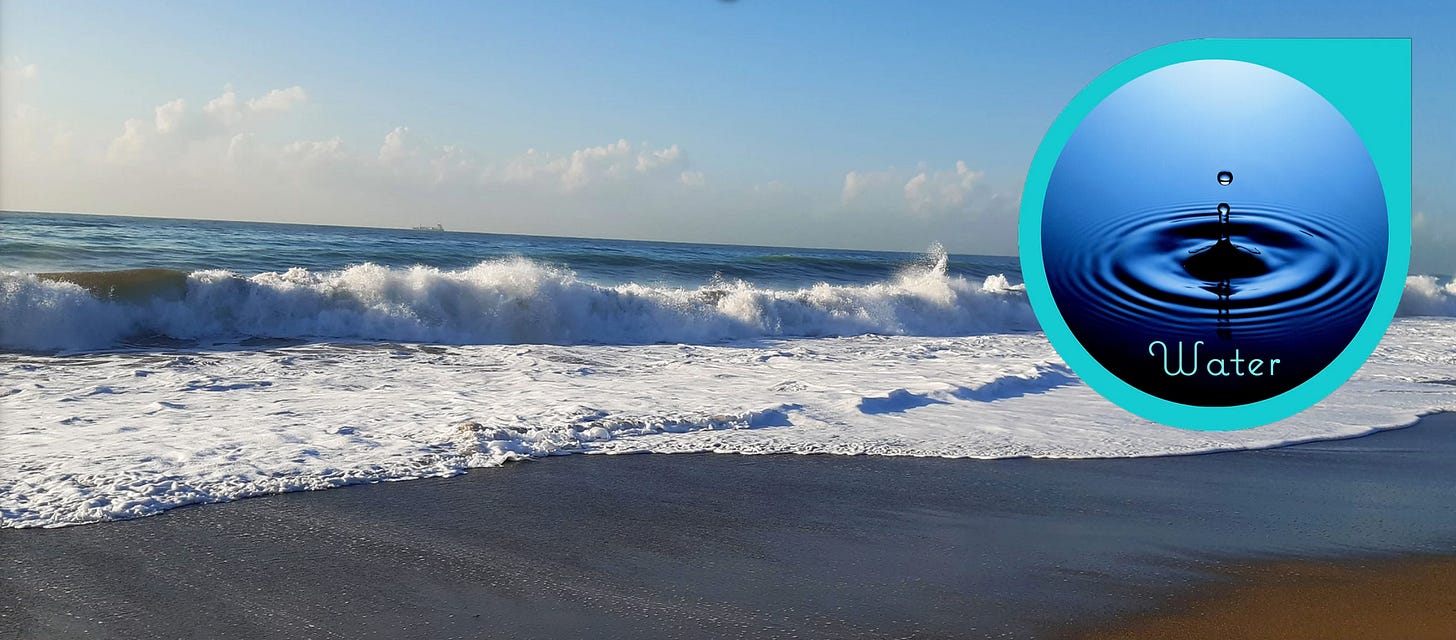 Water: from the crashing waves of the ocean to a single drop causing ripples in a still pool.
