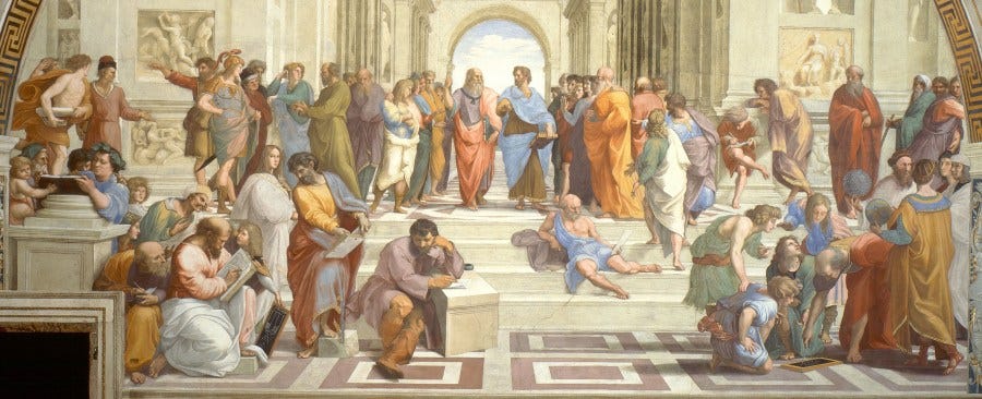 Detail from The School of Athens by Raphael, with Plato & Aristotle at the center