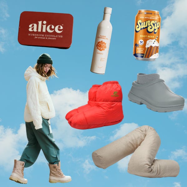 mushroom chocolates, rain clogs, a puffy jacket, a wiggle body pillow, algae cooking oil, and canned root beer on a cloud background