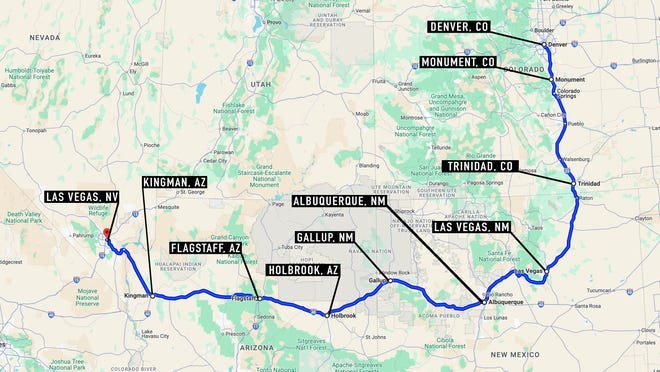 A map showing the Tesla Cybertruck's route from Denver, Colorado, to Las Vegas. The truck was rented through Turo on Dec. 28, 2024.