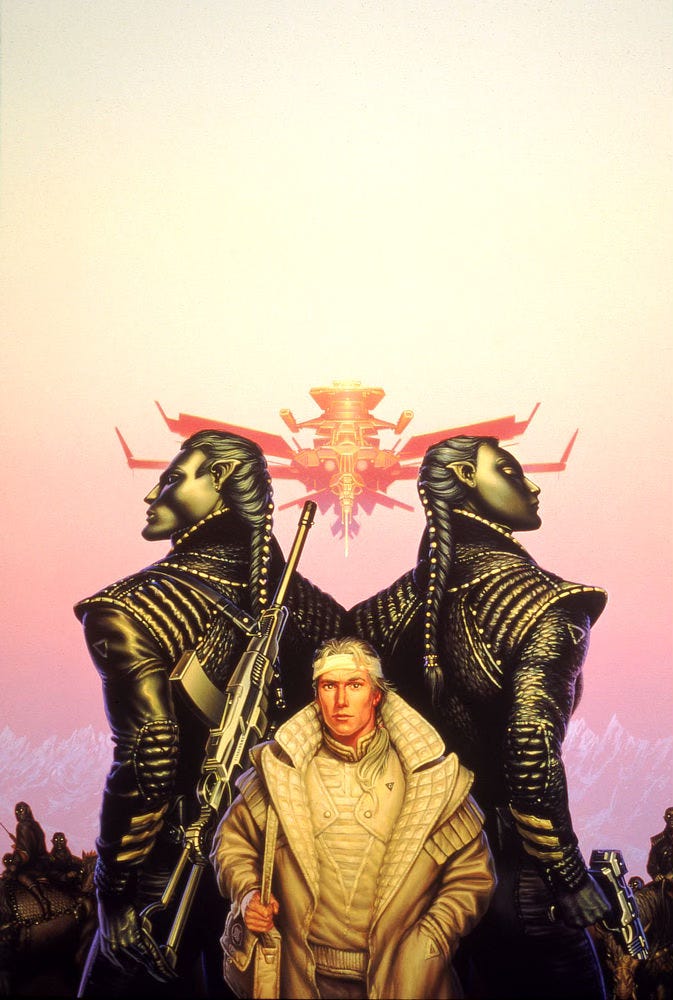 A blonde man wearing a headband and dressed all in white stands between two humanoid aliens that tower over him. Peering outward in profile, the alien man and woman both have angular faces, pure black skin, and ears that slope back to points. Their hair falls in braided ponytails on black leather. They present as militaristic, but from the way the human casually grasps the strap of his shoulder bag, the aiens seem more like bodyguards than captors. An assault rifle is slung over the back of the male, while the female holds a laser pistol low at her side. In the pink and peach gradient sky overhead, a insectile spacecraft hovers.