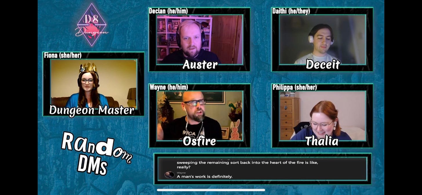 Screenshot from the random DMs actual play twitch stream. It shows Fiona as dungeon master on the left, wearing  crown. Then from top left to right, it shows Declan as Auster, Daithi as Deceit, Philippa as Thalia, and Wayne as Osfire.