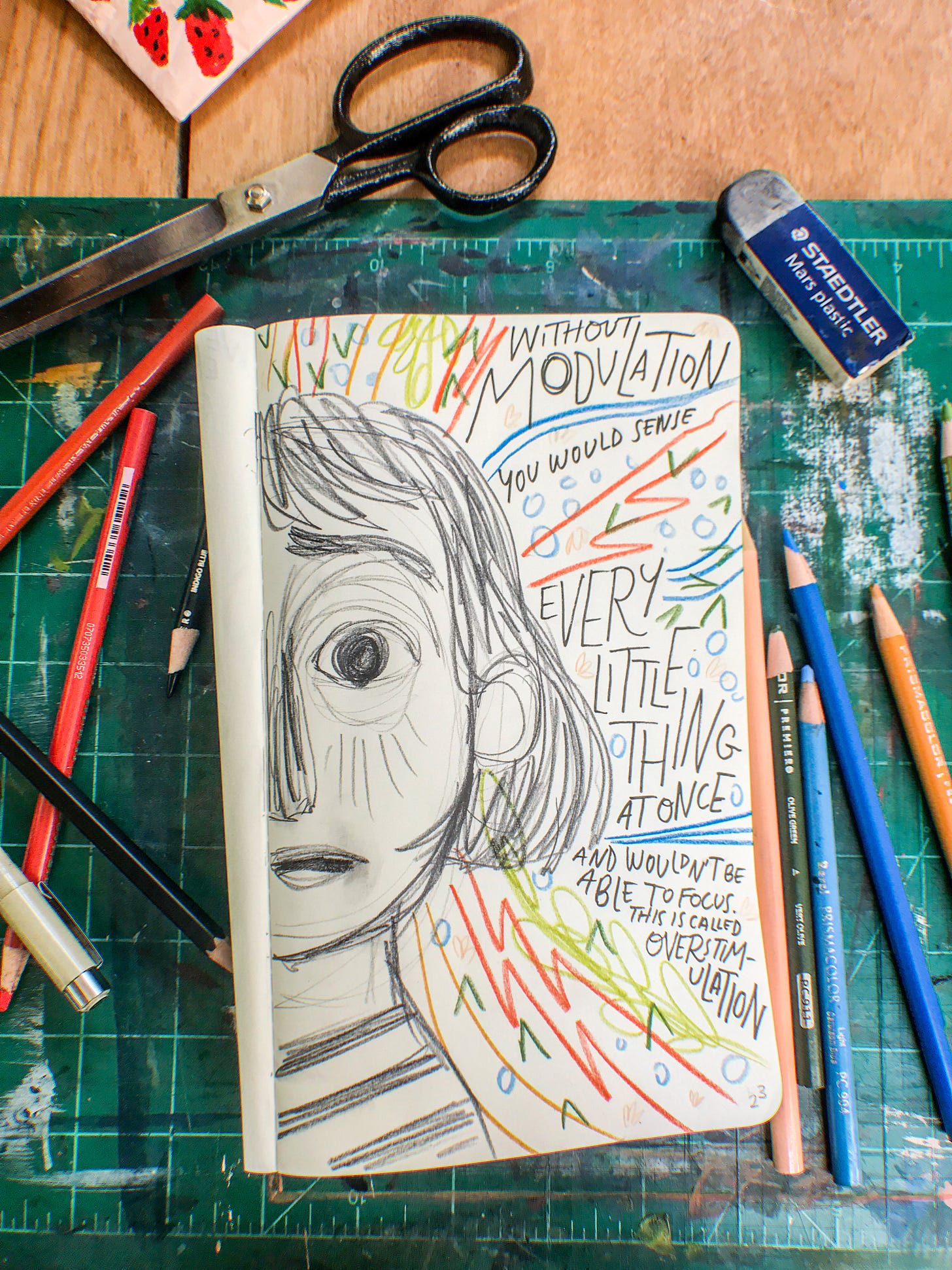 Sketchbook surrounded by materials. Pencil drawn face with wide eyes and jagged lines. Text reads: Without modulation you would sense every little thing at once and you wouldn't be able to focus. This is called overstimulation.